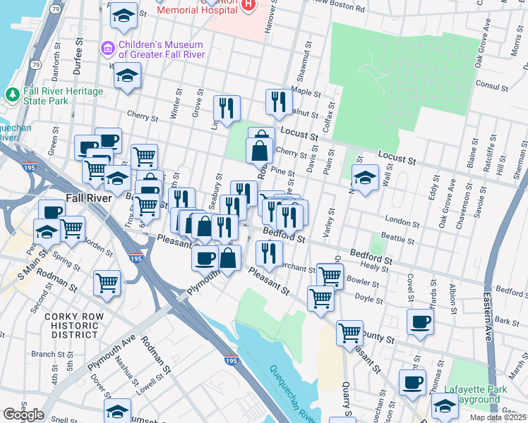 map of restaurants, bars, coffee shops, grocery stores, and more near 99 Robeson Street in Fall River