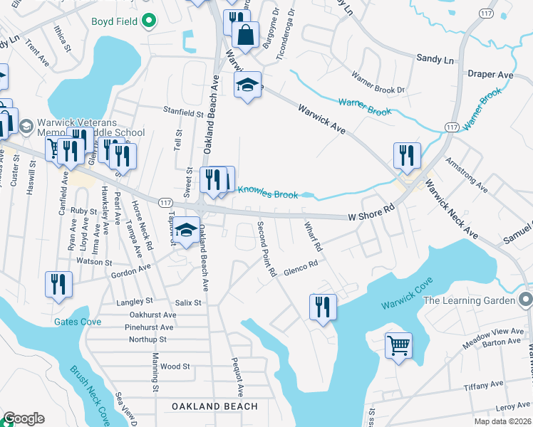 map of restaurants, bars, coffee shops, grocery stores, and more near 2001 West Shore Road in Warwick
