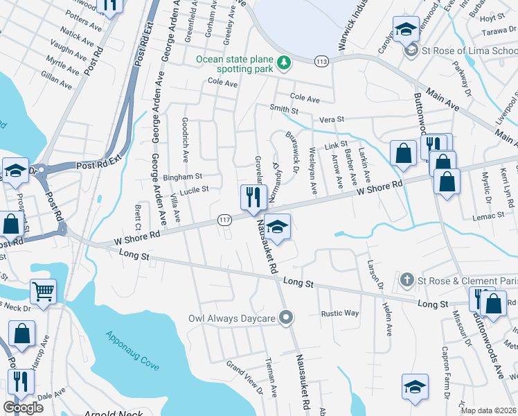 map of restaurants, bars, coffee shops, grocery stores, and more near 21 Peter Street in Warwick