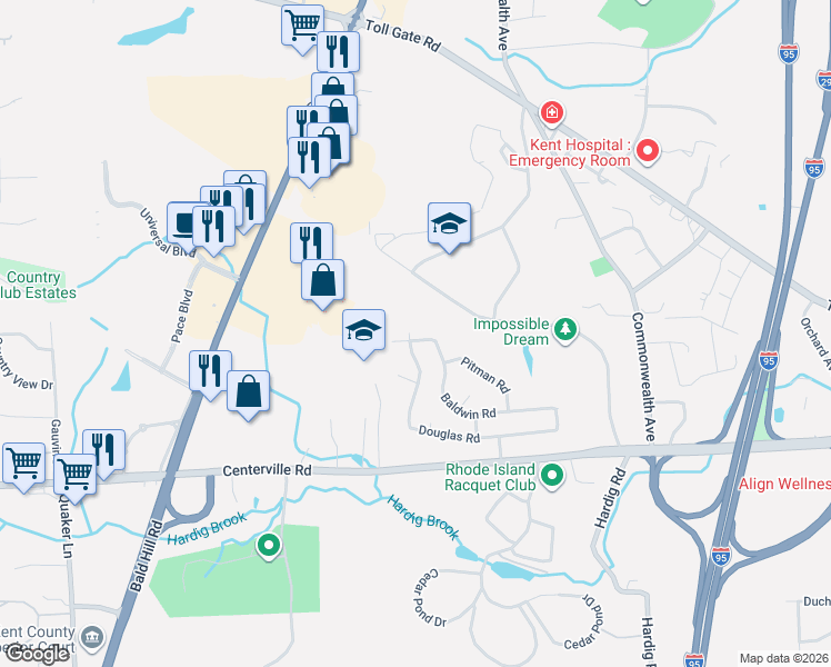 map of restaurants, bars, coffee shops, grocery stores, and more near 292 Douglas Road in Warwick