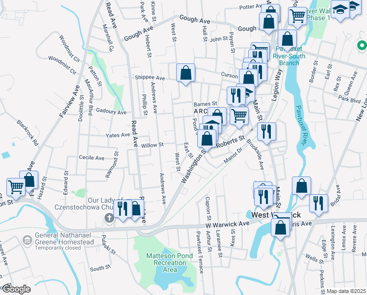 map of restaurants, bars, coffee shops, grocery stores, and more near 52 East Street in West Warwick