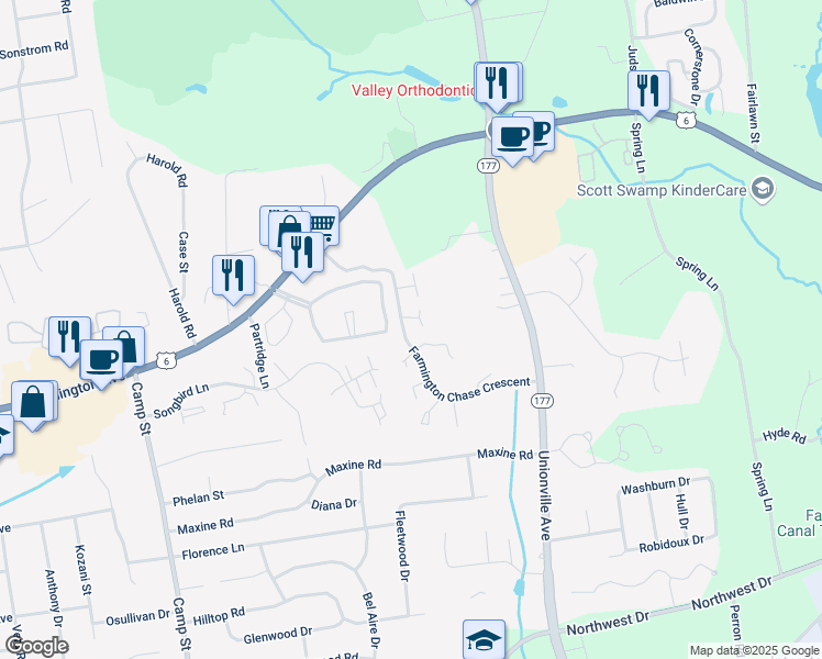 map of restaurants, bars, coffee shops, grocery stores, and more near 130 Farmington Chase Crescent in Farmington