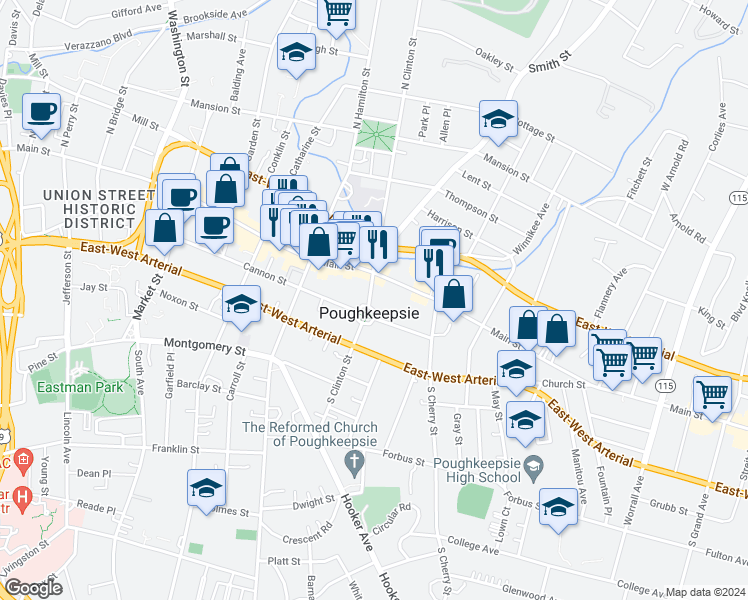 map of restaurants, bars, coffee shops, grocery stores, and more near 454-456 Main Street in Poughkeepsie