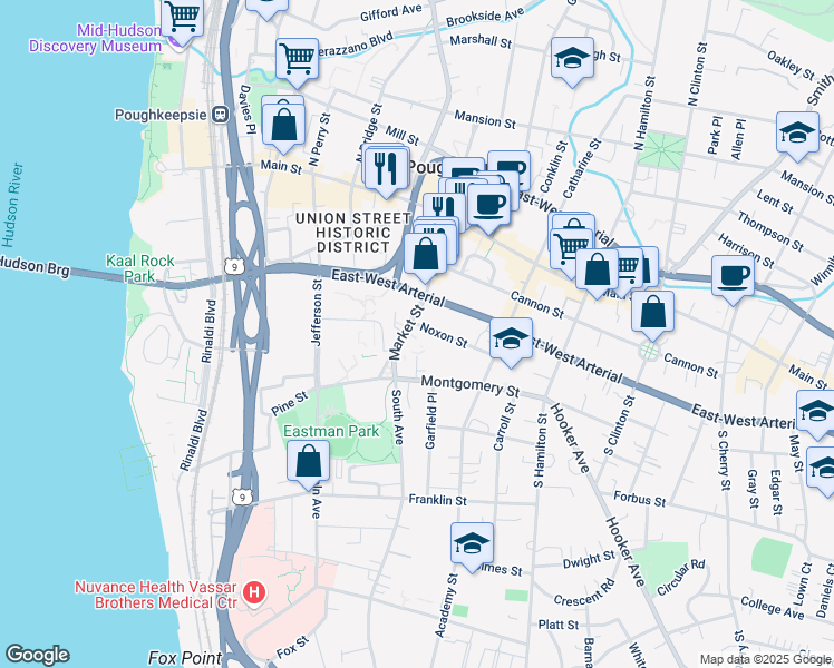 map of restaurants, bars, coffee shops, grocery stores, and more near 72 Market Street in Poughkeepsie