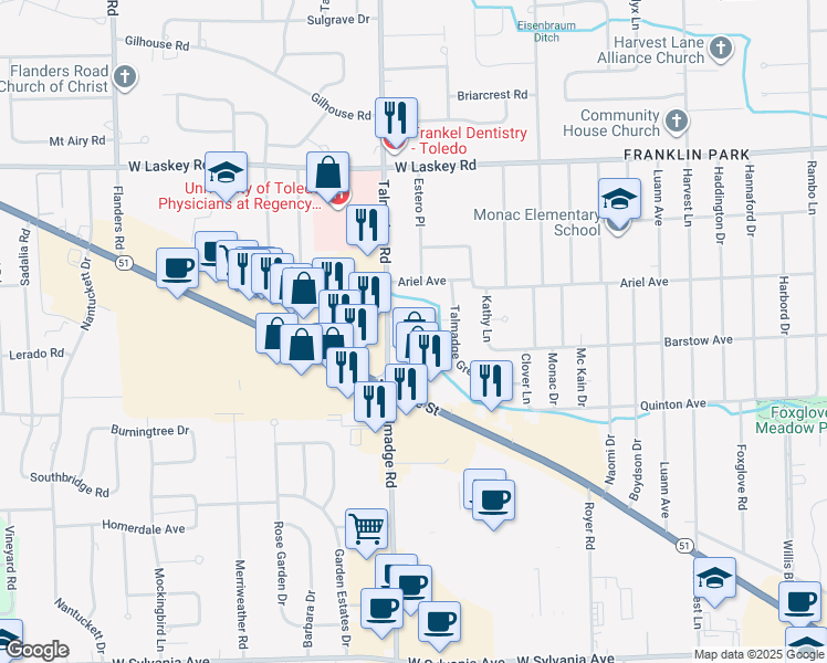 map of restaurants, bars, coffee shops, grocery stores, and more near 4668 Talmadge Green Road in Toledo