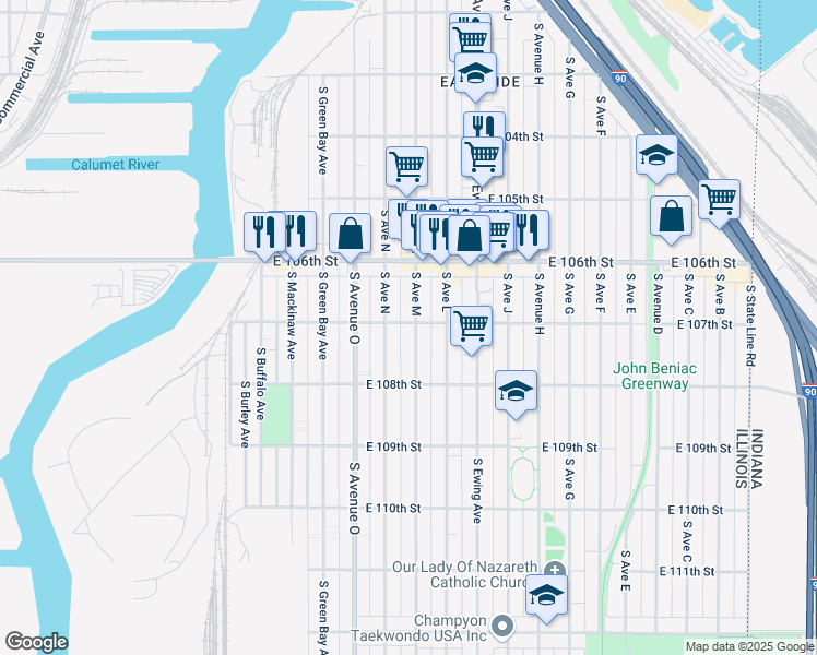 map of restaurants, bars, coffee shops, grocery stores, and more near 10641 South Avenue North in Chicago