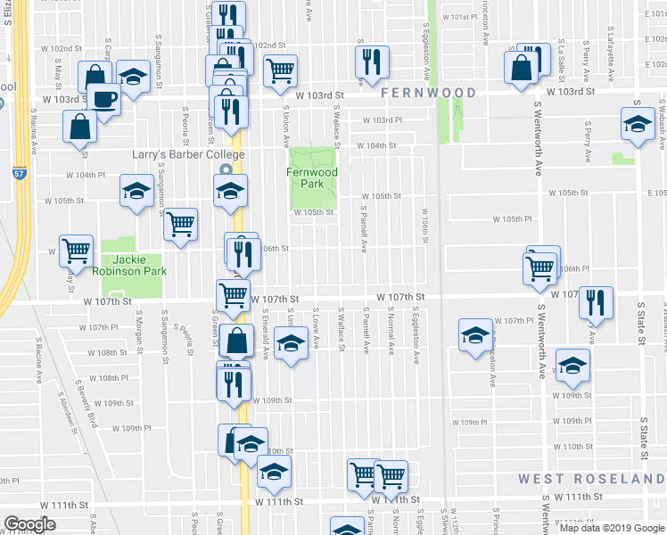 map of restaurants, bars, coffee shops, grocery stores, and more near 10557 South Wallace Street in Chicago