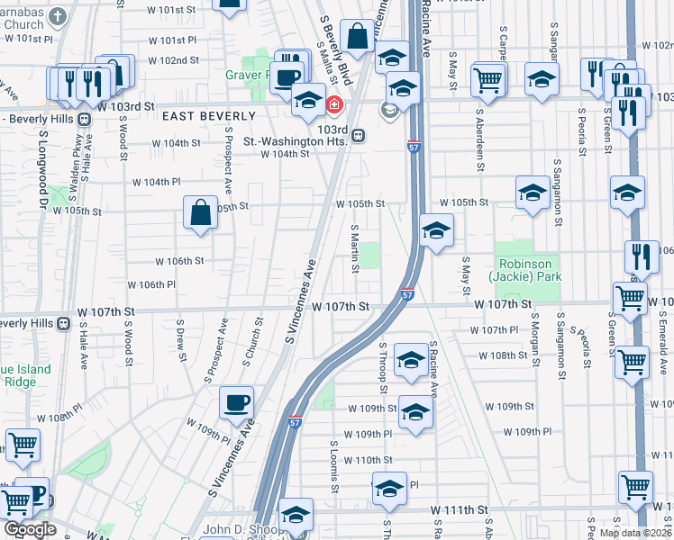map of restaurants, bars, coffee shops, grocery stores, and more near 10548 South Glenroy Avenue in Chicago