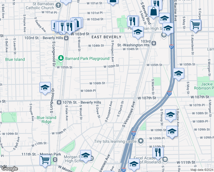 map of restaurants, bars, coffee shops, grocery stores, and more near 1624 West 106th Street in Chicago