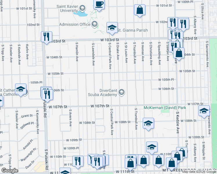 map of restaurants, bars, coffee shops, grocery stores, and more near 10528 Central Park Avenue in Chicago