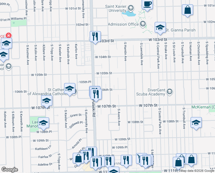 map of restaurants, bars, coffee shops, grocery stores, and more near 10526 South Springfield Avenue in Chicago