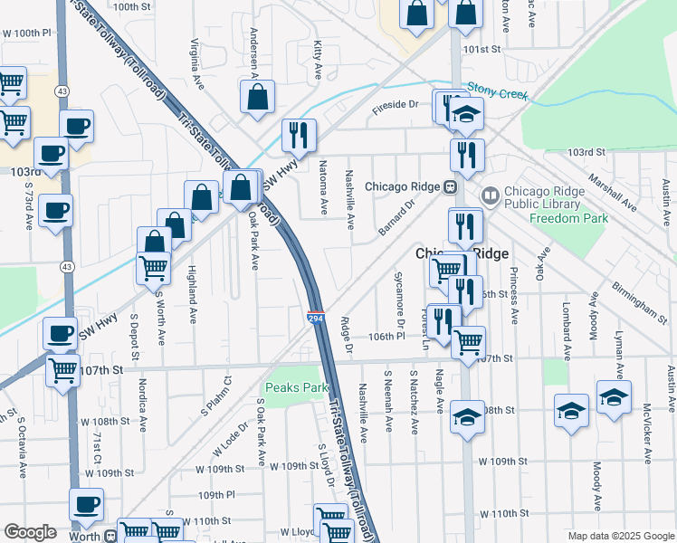 map of restaurants, bars, coffee shops, grocery stores, and more near 10430 South Nashville Avenue in Chicago Ridge