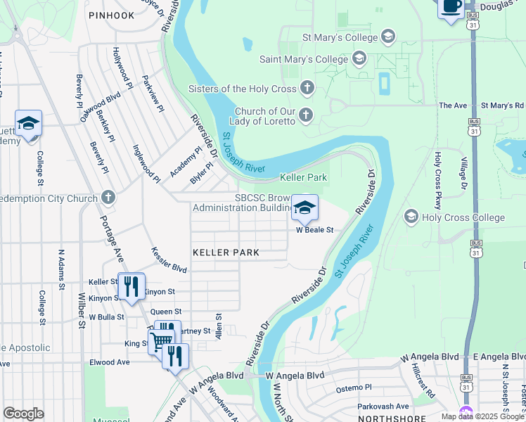 map of restaurants, bars, coffee shops, grocery stores, and more near 834 Bryan Street in South Bend