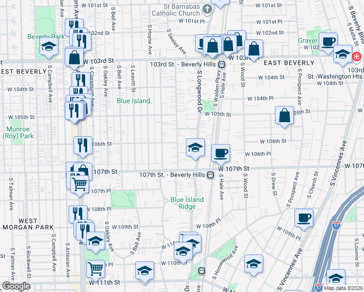 map of restaurants, bars, coffee shops, grocery stores, and more near 10552 South Longwood Drive in Chicago