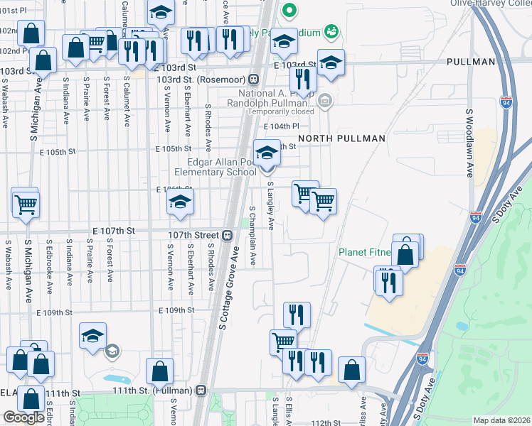 map of restaurants, bars, coffee shops, grocery stores, and more near 10616 South Langley Avenue in Chicago