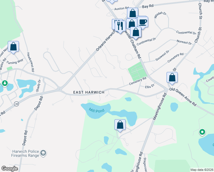 map of restaurants, bars, coffee shops, grocery stores, and more near 44 Old Heritage Way in Harwich