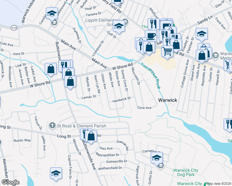 map of restaurants, bars, coffee shops, grocery stores, and more near 65 White Avenue in Warwick