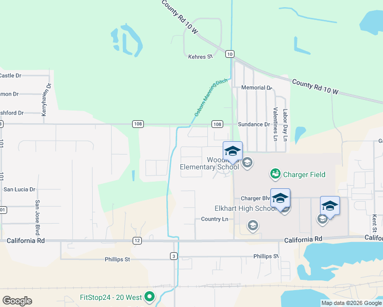 map of restaurants, bars, coffee shops, grocery stores, and more near 2922 Bane Berry Street in Elkhart