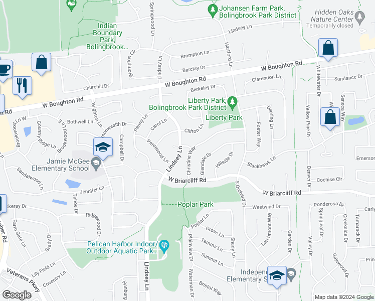 map of restaurants, bars, coffee shops, grocery stores, and more near 897 Pembrook Lane in Bolingbrook