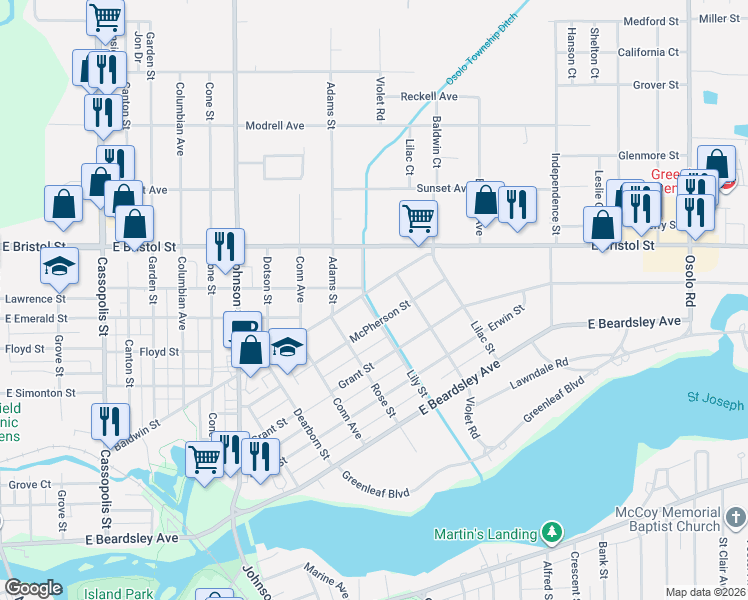 map of restaurants, bars, coffee shops, grocery stores, and more near 1400-1498 Van Buren Street in Elkhart