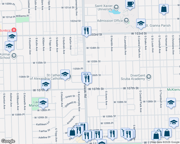 map of restaurants, bars, coffee shops, grocery stores, and more near 10522 South Harding Avenue in Chicago