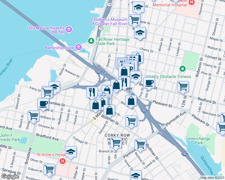 map of restaurants, bars, coffee shops, grocery stores, and more near 99 South Main Street in Fall River