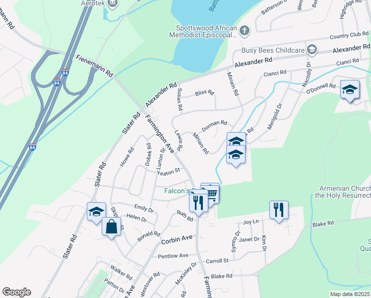 map of restaurants, bars, coffee shops, grocery stores, and more near 5 Miriam Road in New Britain