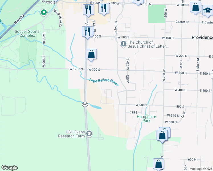 map of restaurants, bars, coffee shops, grocery stores, and more near 497 West 400 South in Providence