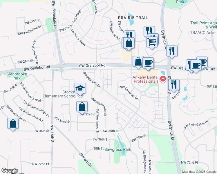 map of restaurants, bars, coffee shops, grocery stores, and more near 2301 Southwest Oralabor Road in Ankeny