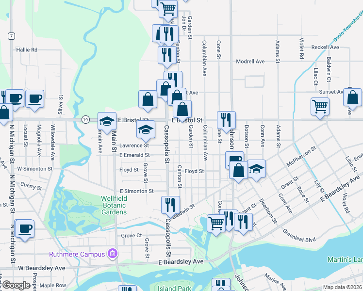 map of restaurants, bars, coffee shops, grocery stores, and more near 1400 Cassopolis Street in Elkhart