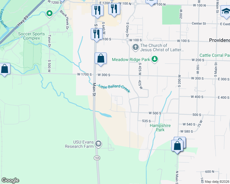 map of restaurants, bars, coffee shops, grocery stores, and more near 513 West 400 South in Providence