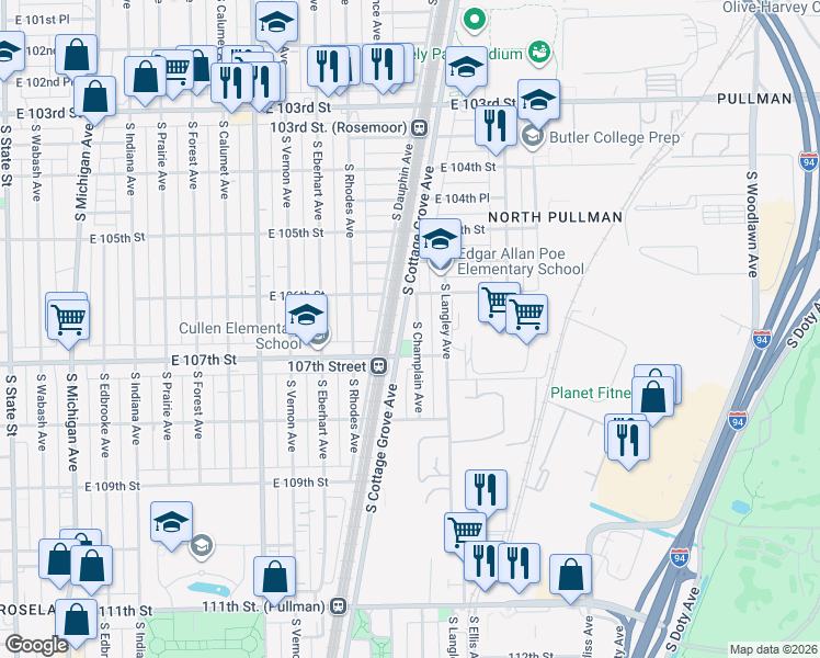 map of restaurants, bars, coffee shops, grocery stores, and more near 10611 South Champlain Avenue in Chicago