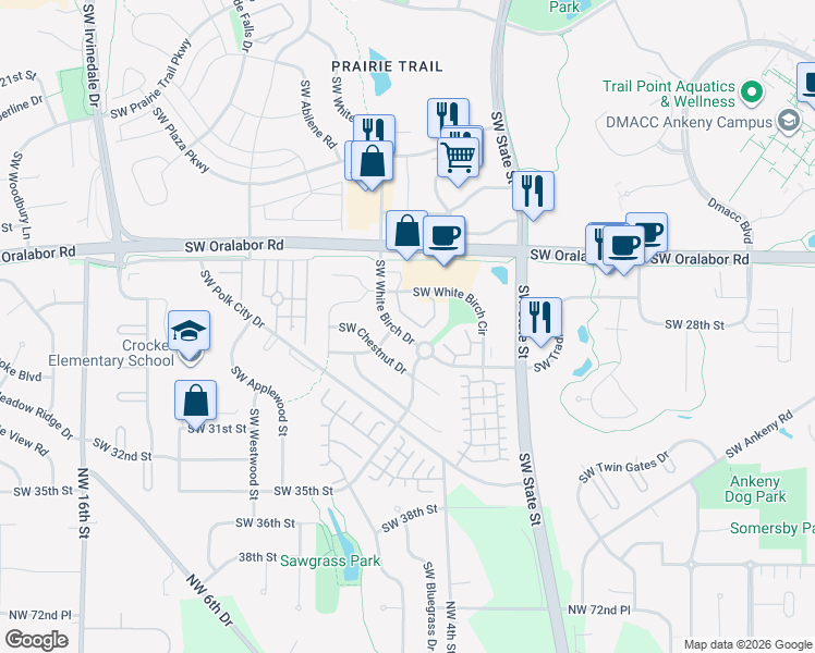 map of restaurants, bars, coffee shops, grocery stores, and more near 1825 Southwest White Birch Circle in Ankeny