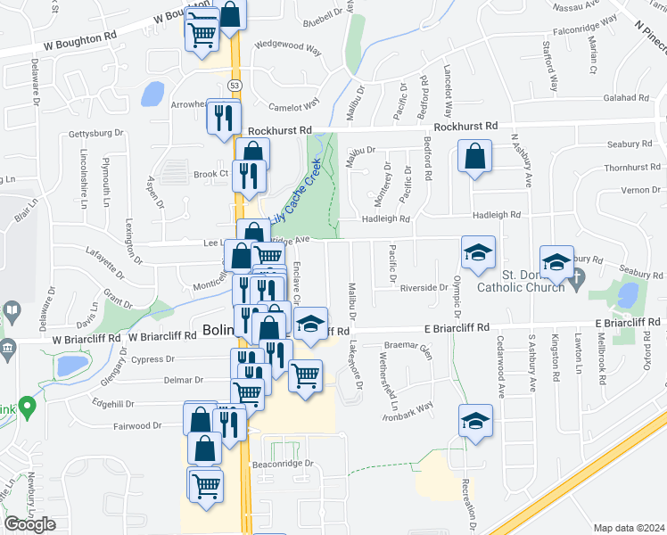 map of restaurants, bars, coffee shops, grocery stores, and more near 146 Enclave Circle in Bolingbrook