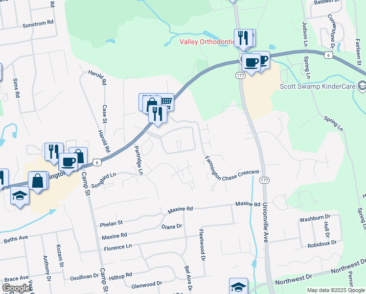 map of restaurants, bars, coffee shops, grocery stores, and more near 39 Florence Way in Farmington