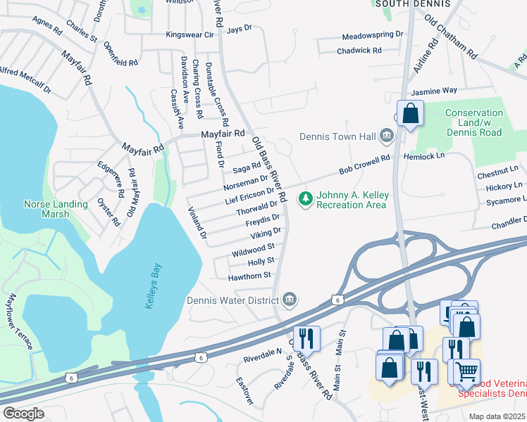 map of restaurants, bars, coffee shops, grocery stores, and more near 13 Lief Ericson Drive in Dennis