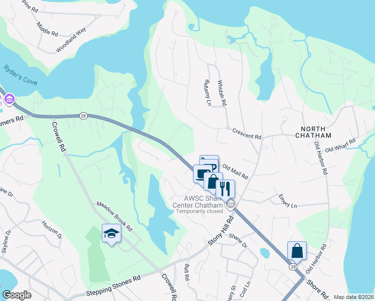 map of restaurants, bars, coffee shops, grocery stores, and more near 43 Hamden Place in Chatham