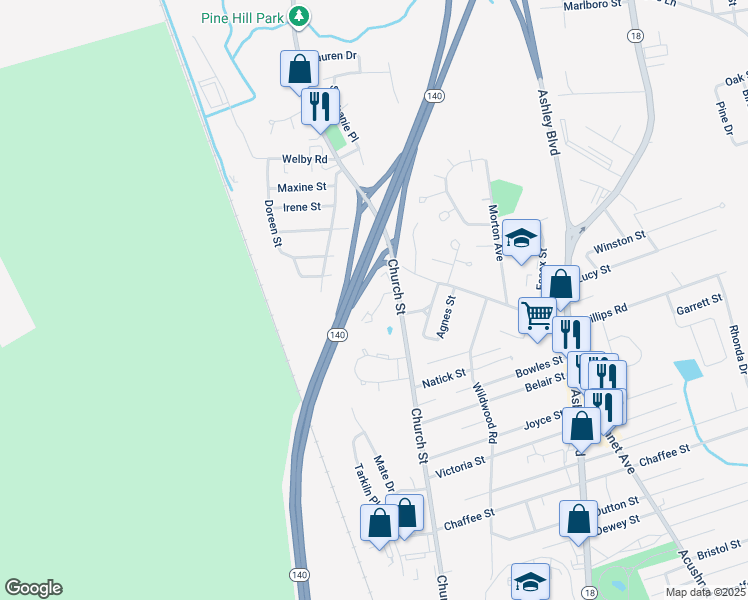 map of restaurants, bars, coffee shops, grocery stores, and more near 1251 Church Street in New Bedford