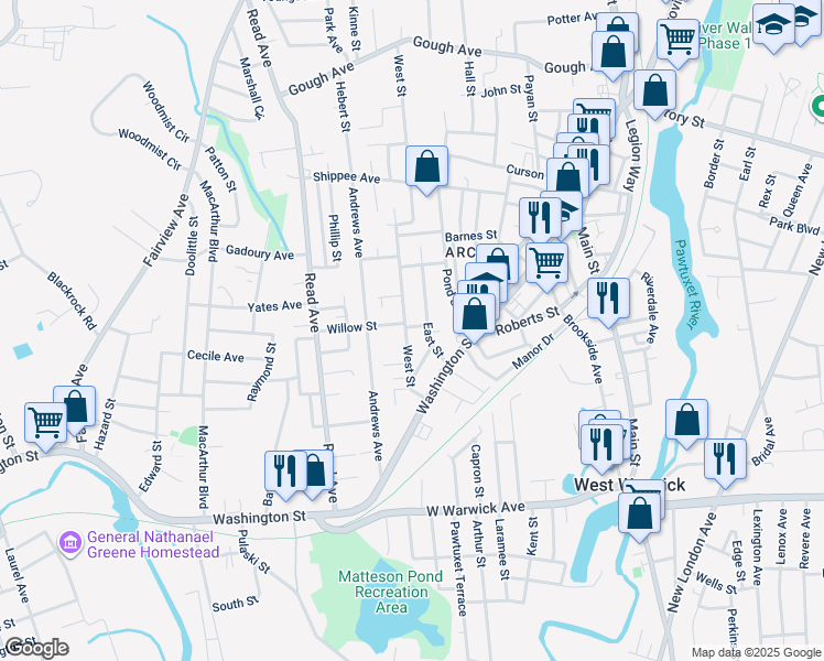 map of restaurants, bars, coffee shops, grocery stores, and more near 52 East Street in West Warwick
