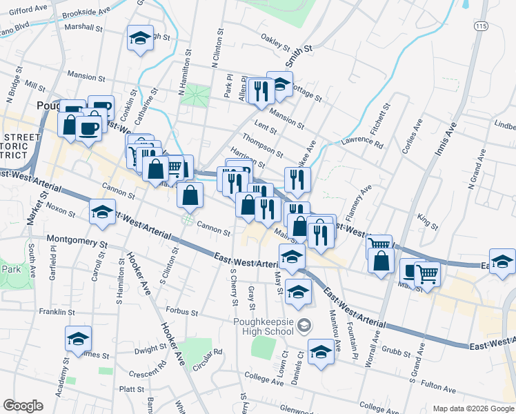 map of restaurants, bars, coffee shops, grocery stores, and more near 17 Rose Street in Poughkeepsie