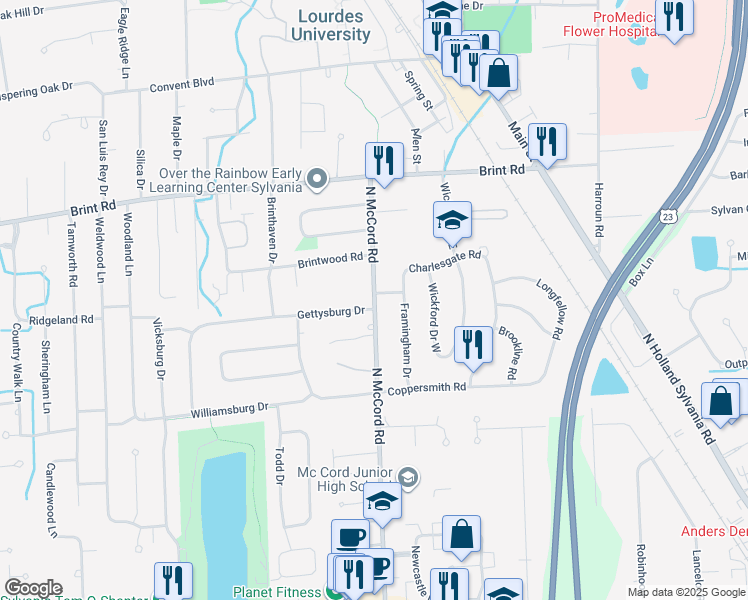 map of restaurants, bars, coffee shops, grocery stores, and more near 4765 North McCord Road in Sylvania