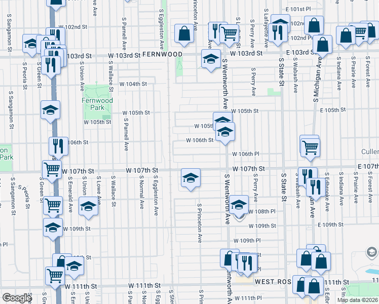 map of restaurants, bars, coffee shops, grocery stores, and more near 325 West 106th Street in Chicago