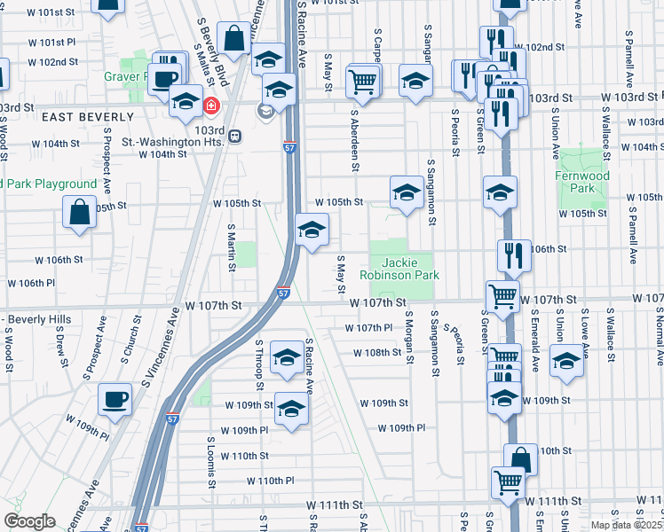 map of restaurants, bars, coffee shops, grocery stores, and more near 10556 South May Street in Chicago