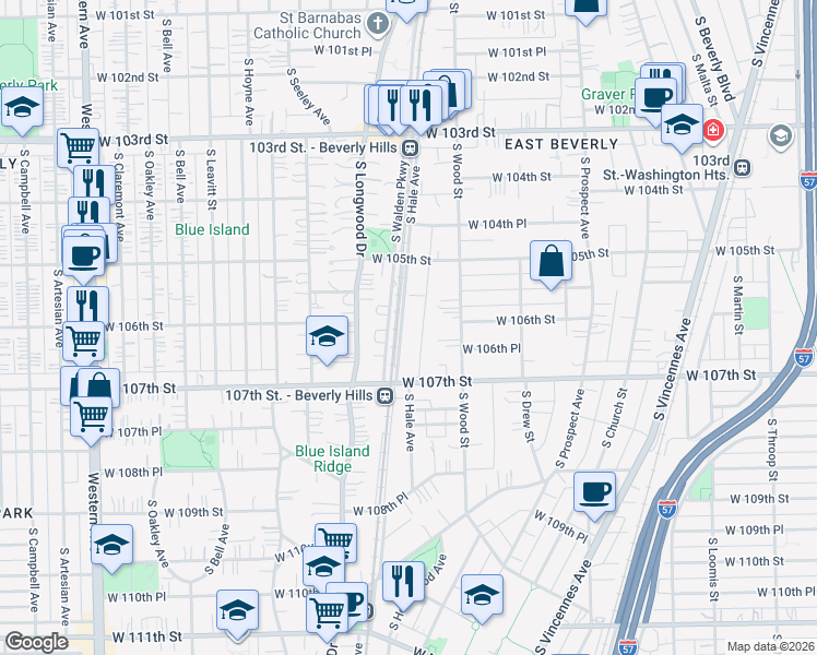 map of restaurants, bars, coffee shops, grocery stores, and more near 10557 South Hale Avenue in Chicago