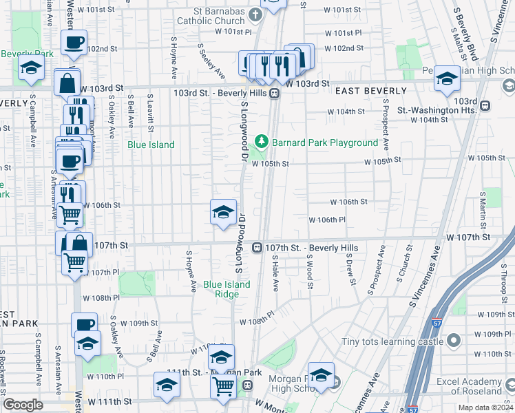 map of restaurants, bars, coffee shops, grocery stores, and more near 10547 South Longwood Drive in Chicago