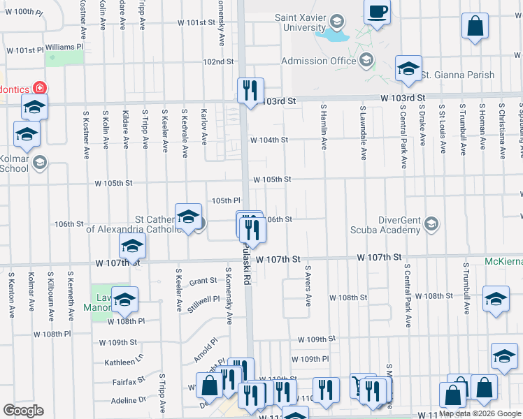 map of restaurants, bars, coffee shops, grocery stores, and more near 10522 South Harding Avenue in Chicago