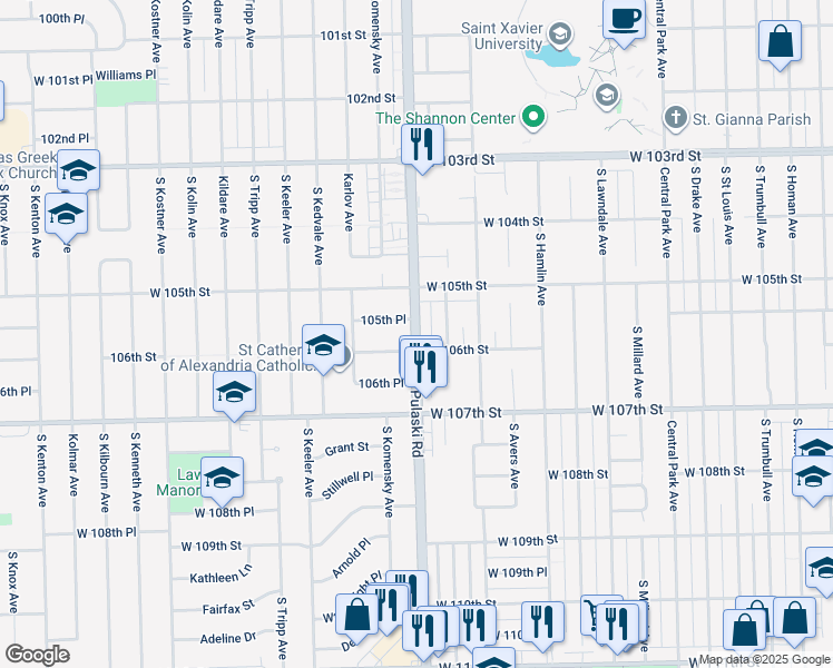 map of restaurants, bars, coffee shops, grocery stores, and more near 10522 South Harding Avenue in Chicago