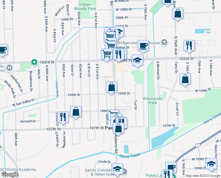 map of restaurants, bars, coffee shops, grocery stores, and more near 10416 South Roberts Road in Palos Hills