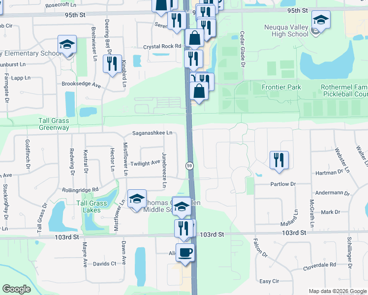 map of restaurants, bars, coffee shops, grocery stores, and more near 2981 Saganashkee Lane in Naperville