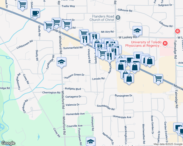 map of restaurants, bars, coffee shops, grocery stores, and more near 4626 Vineyard Road in Toledo